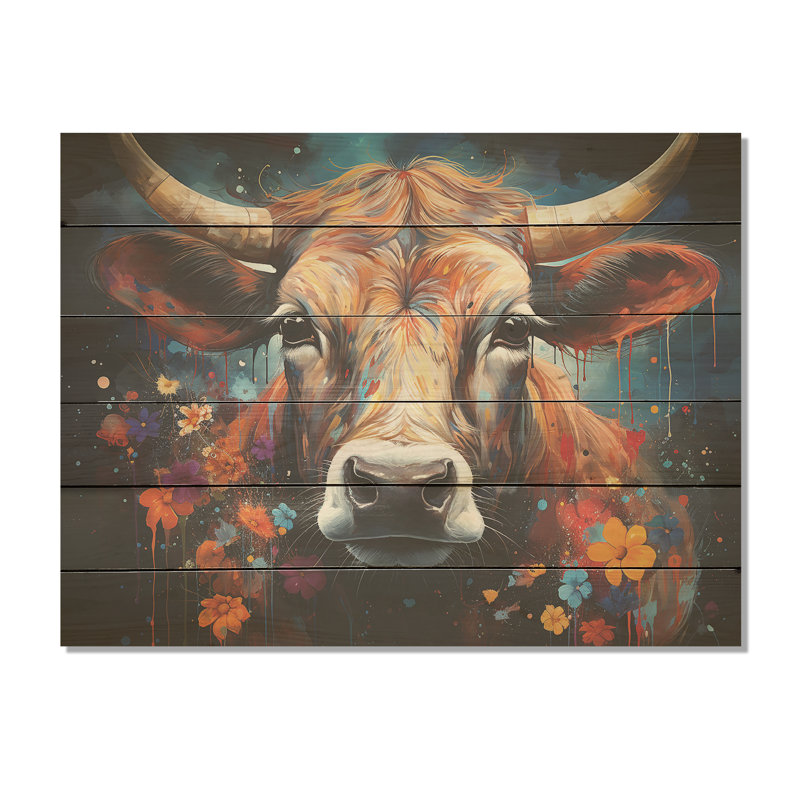 Celestial Colorful Bétail I - Vache, art mural sur bois de pin naturel, H 10 po x l 20 po