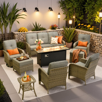 7 - Piece Wicker Patio Conversation Set with Fire Pit Table,  Cushions for Outdoor Relaxing