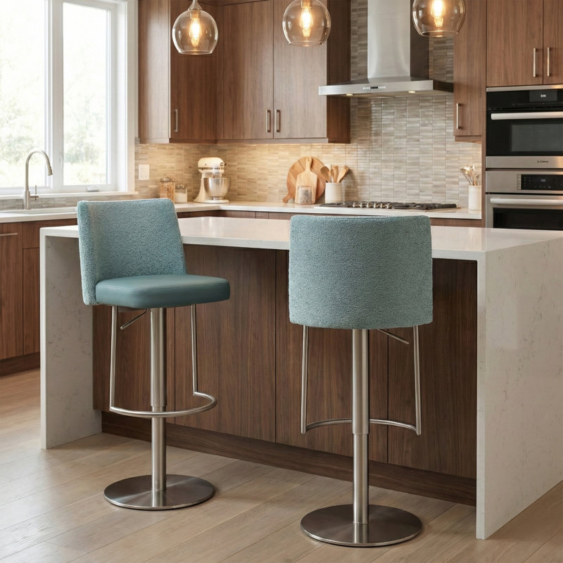 Bergamyer Swivel Upholstered Adjustable Height Counter Stool with Metal Frame, Teal/Silver 