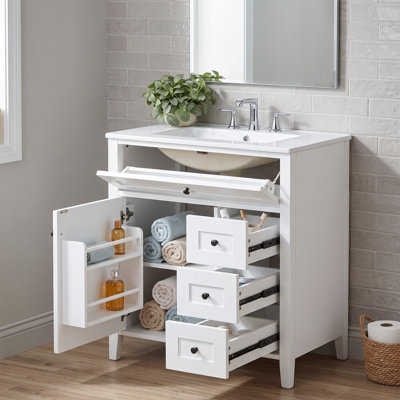 Meuble-lavabo autoportant en bois aggloméré 30 po avec 3 tiroirs, tablette réglable et porte gauche pour rangement et rangement dans la salle de bain