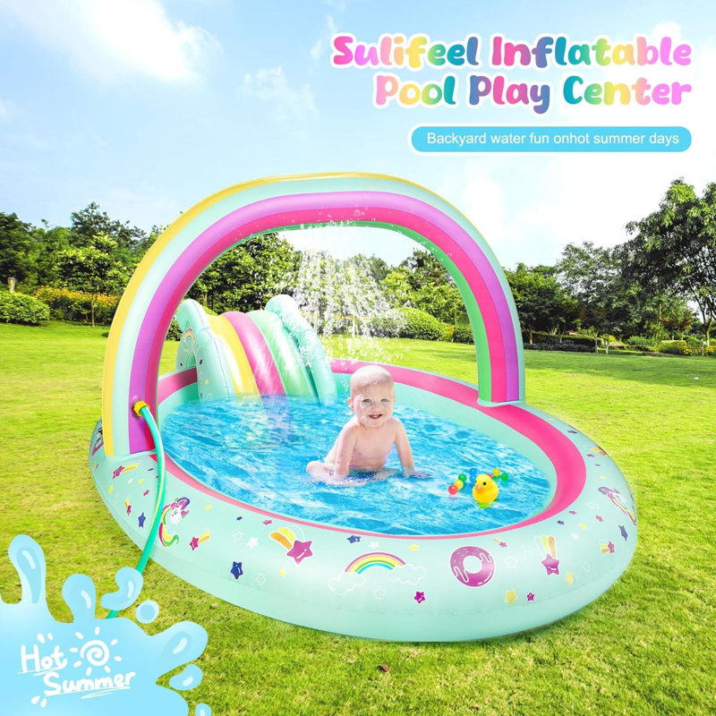Piscine gonflable Rainbow Unicorn pour enfants avec glissade et arroseur pour les enfants