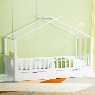 Full Size House Bed With 2 Storage Drawers, Rails And , Contemporary Design, White Color Frame Headboard,