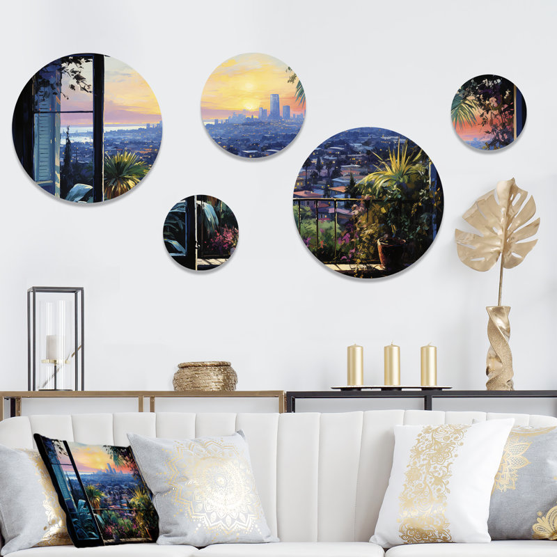 Los Angeles Window View 4 - Ensemble d'art mural rond de Los Angeles, ensemble de 5