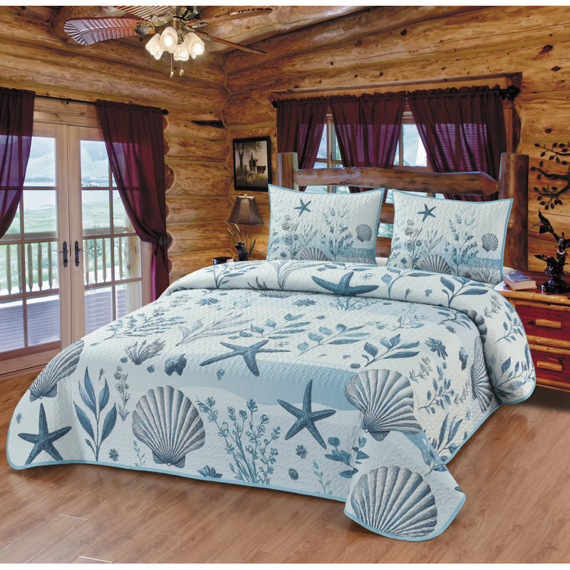 Ocean Serenity Sea Starfish Seashell Blue & White Nautical Themed Decorative Quilt Bedding Set