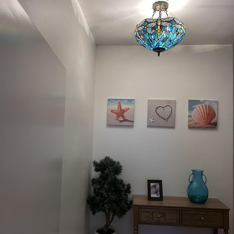 Plafonnier Tiffany en verre coloré bleu vert avec ampoules DEL incluses l 16 po x P 16 po x H 16 po