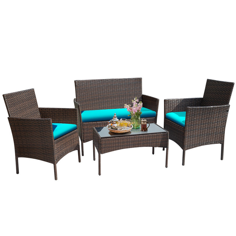 Rifiki 4 - Person Patio Conversation Sets with Cushions, Brown, Blue
