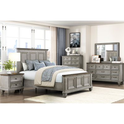Grand lit avec finition 2 tons brun et gris antique, fait de bois, avec tête de lit, rails, sommier requis, 63 po de hauteur, 65 po de largeur en brun gris nécessaire, dimensions de 88,5 po