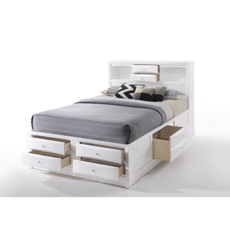 Grand lit blanc avec rangement pour tête de lit bibliothèque, 8 tiroirs dans différentes pièces, tiroirs à glissière en métal encastré, 5 panneaux de plateforme
