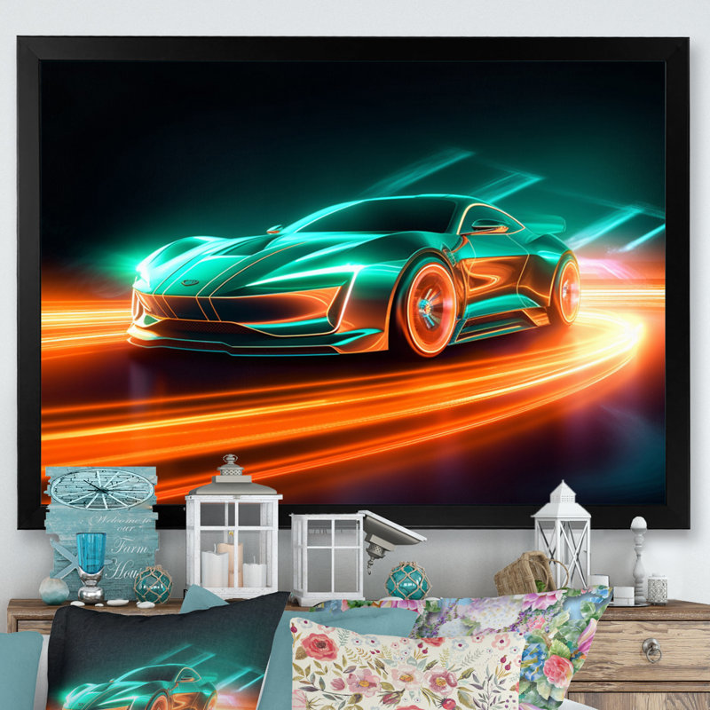 «Teal Neon Exotic Car II», reproduction sur toile, H 30 po x l 40 po x P 1,5 po, Cadre photo noir