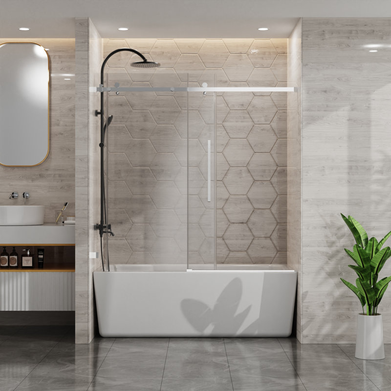56-60" W X 58" H Bathtub Door, Frameless Tub Sliding Shower Door, 1/4" (6mm) Thick Tempered Clear Glass With Easy-clean Coating, Stainless Steel Hardware, Chrome