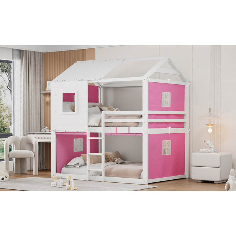 Lit superposé double rose et blanc, style cabane dans les arbres, pin massif et espace de rangement inspiré du lit