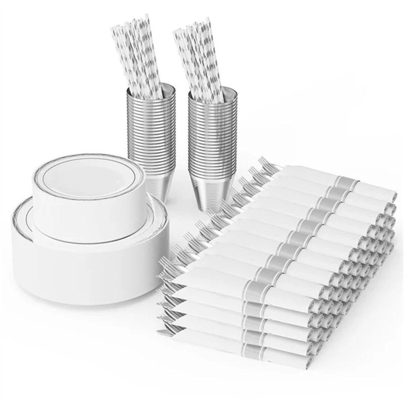 Pre Rolled Napkins Disposable Dinnerware Set, Set of 50, Silver