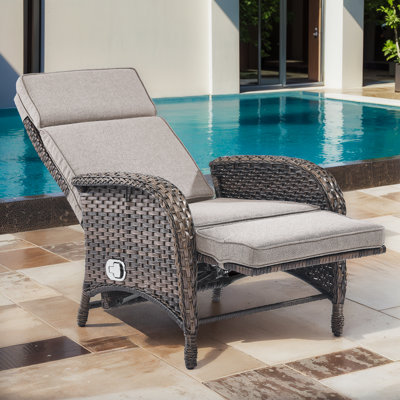 Gaetanino 60" Outdoor Wicker Poolside Reclining Single Chaise Lounge With Cushion