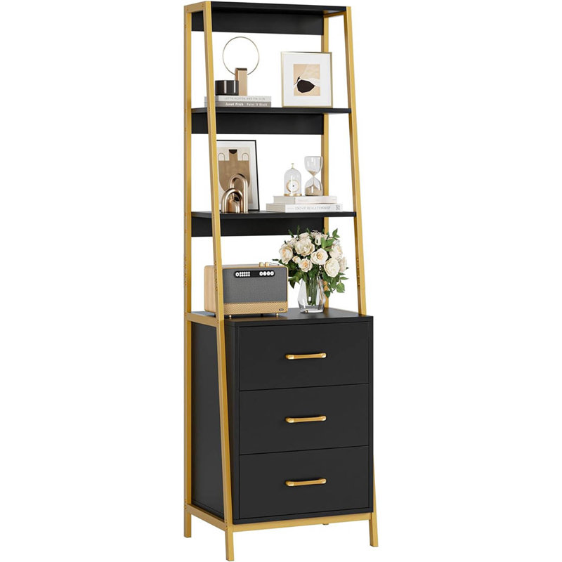 Black Gold 4-Tier Ladder Bookshelf with Wooden Drawers