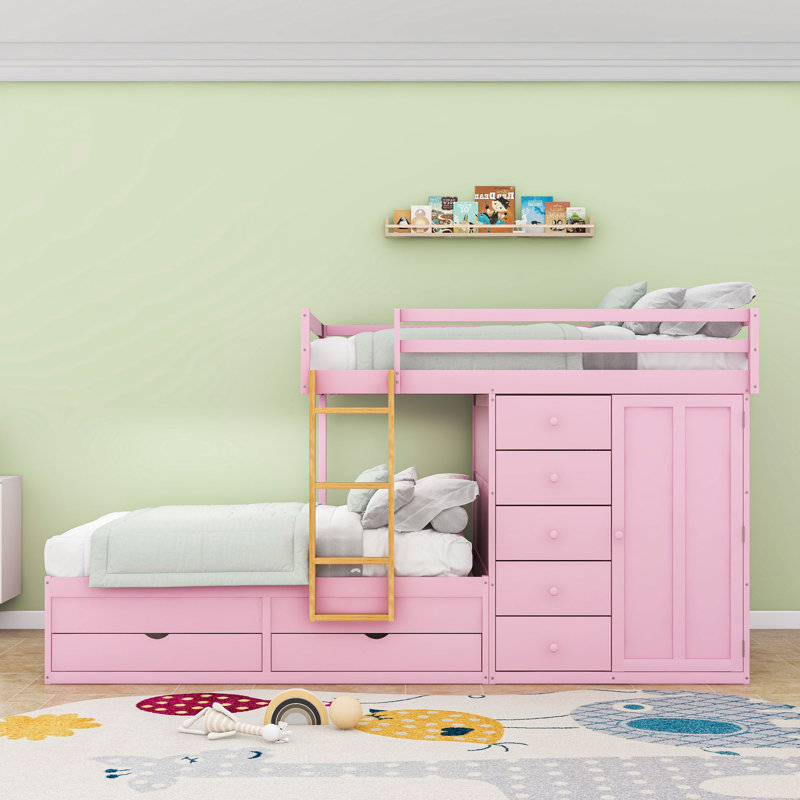 Lit superposé double en bois avec tiroirs de rangement et garde-robe, Rose Sakura