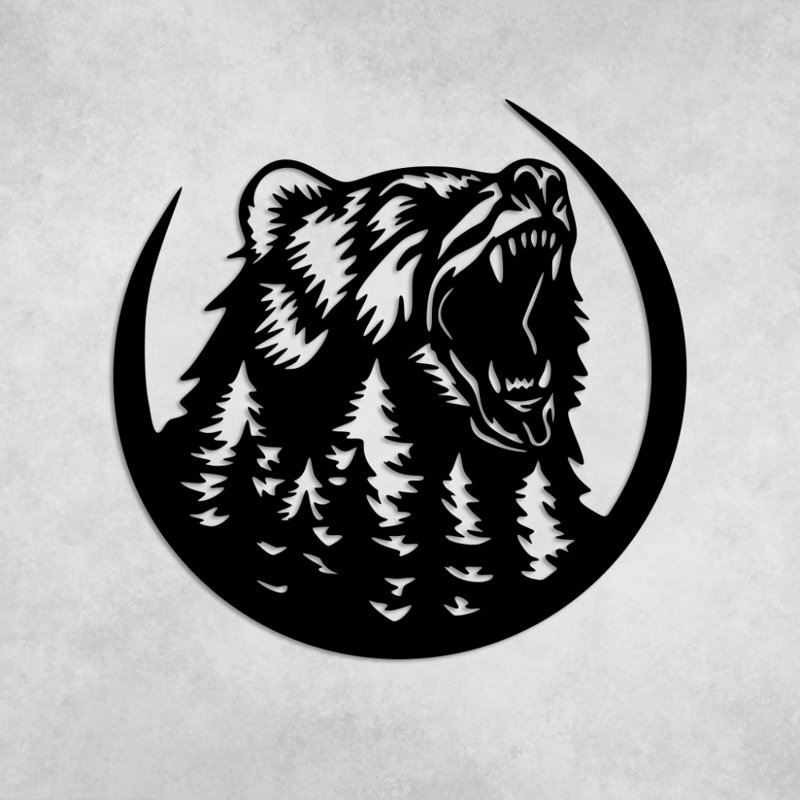 «Growling Bear», art mural en métal, décor animalier, silhouette de forêt, conception de chalet rustique, sculpture en métal industrielle moderne, décoration intérieure aventure en plein air, pièce d'art audacieuse