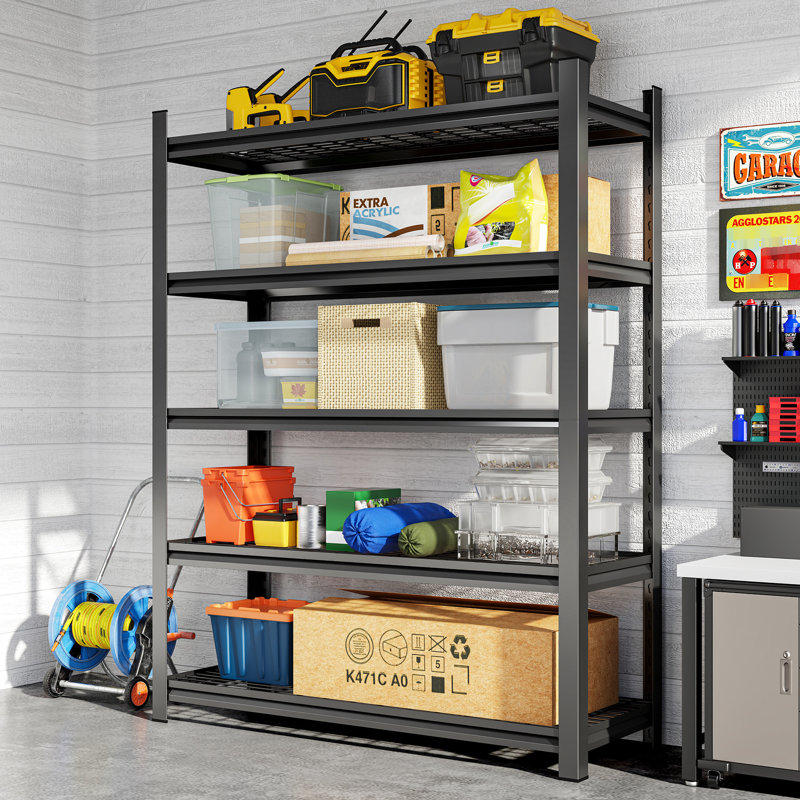 Étagère ajustable en métal noir à cinq étages pour le garage, support de charge de 2 500 lb, H 71,2 po x L 45,94 po, P 23,48 po.