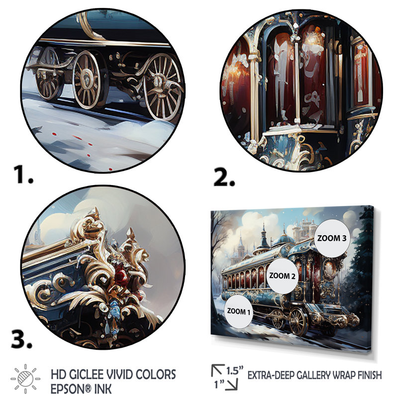 Voyage en train de Noël I - train, art mural, Cadre flottant noir, H 16 po x l 32 po x P 1 po