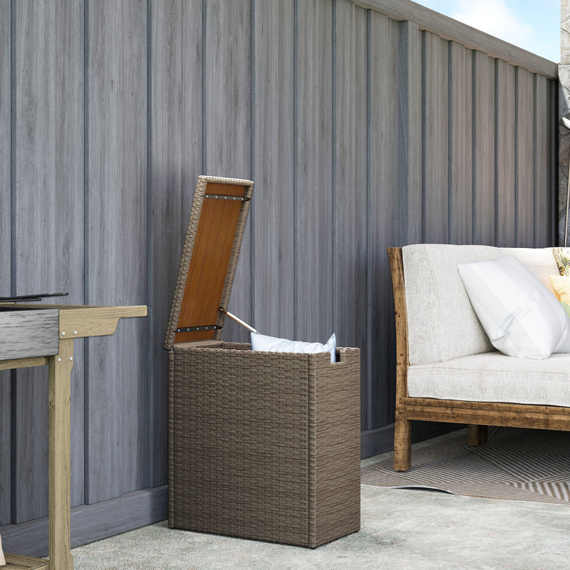 17-Gallon Small Deck Box, Wicker Outdoor Storage Box With Acacia Wood Top For Patio Cushions And Garden Tools, Teak, Teak