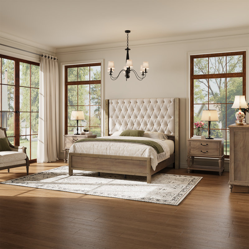 Lit plateforme tapissier Behka, Beige, Grand lit