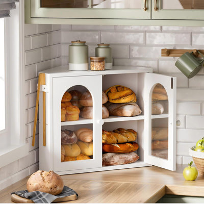 Corner Bread Box For Kitchen Countertop, 2 Tier Bamboo Bread Storage Container For Homemade Bread With Clear Acrylic Door Panel, Large Bread Bin Farmhouse Breadbox Organizer.(White)