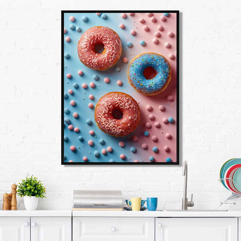 Délicieuse rose et bleue Sparkle Donuts III, H 20 po x l 12 po x P 1 po, Toile avec cadre flottant noir