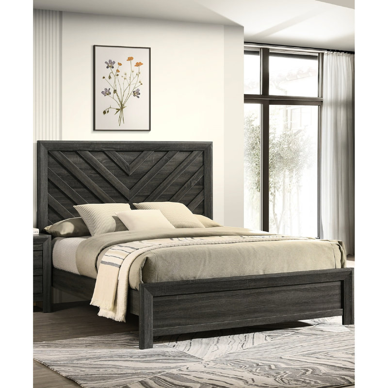 Grand lit contemporain à motif géométrique avec cadre de style gris rustique, Grand lit