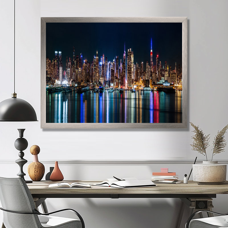 «New York Midtown Night Panorama», reproduction de photo sur toile tendue, H 12 po x l 20 po, Impression encadrée