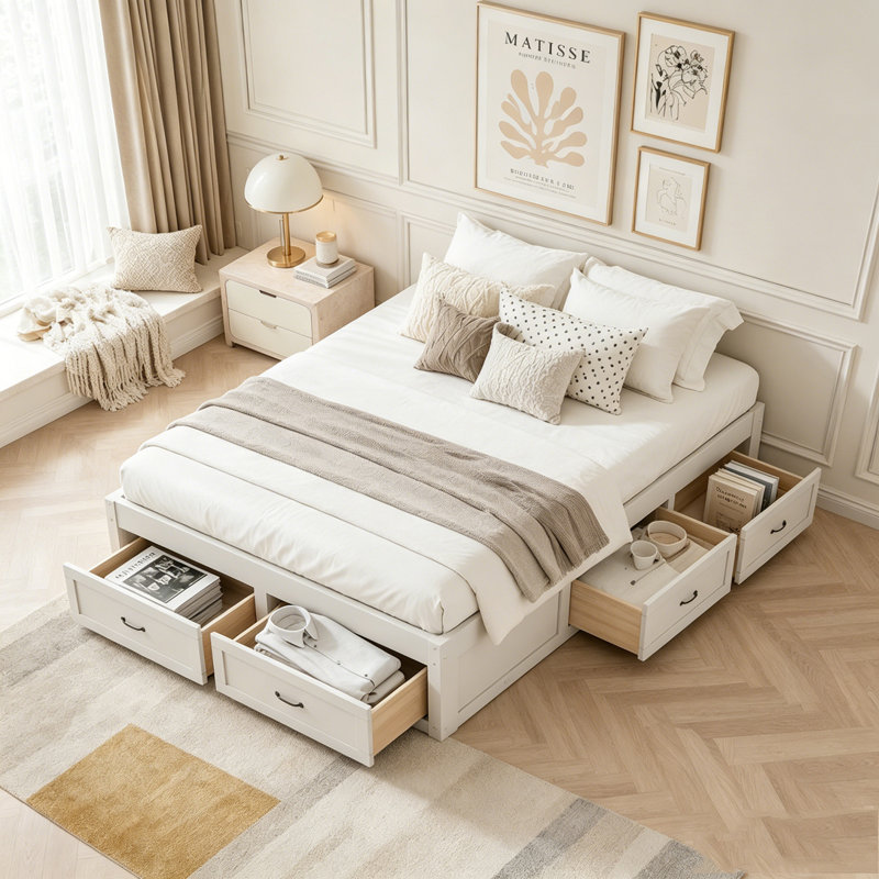 Lit plateforme avec 6 tiroirs de rangement, Lit double, Blanc antique
