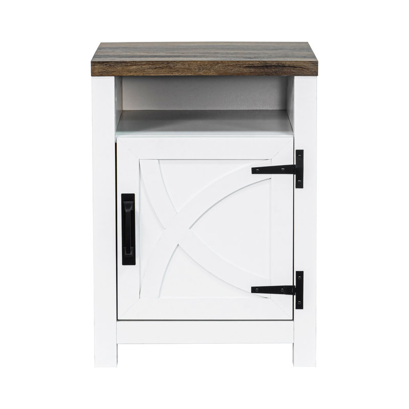 Farmhouse Nightstand With A Cabinet And Open Compartment, White