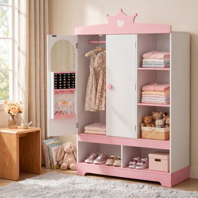 Kids Princess Dress Up Armoire Storage Cabinet, Wooden Kids Wardrobe Closet with Hidden Mirror, Jewelry Cabinet, Hanging Rack and Shelves for Bedroom Playroom