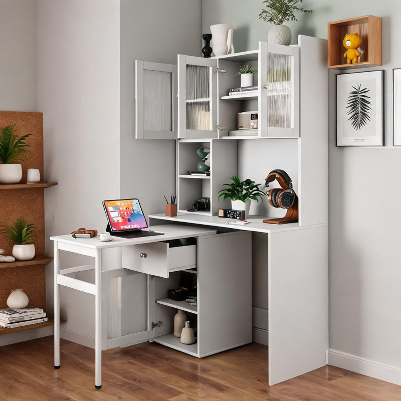 Bureau d'ordinateur en panneau de particules blanc épuré avec bureau tournant à 90 degrés et armoires à portes vitrées pour le bureau à domicile