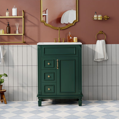 Meuble-lavabo 24 po avec lavabo en céramique, petite armoire de salle de bain moderne, 2 tiroirs et tablette réglable