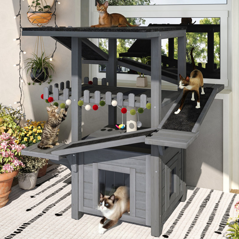Tour pour arbre à chat 4 étages avec toit imperméable et 2 portes, abri pour chat extérieur à l'extérieur, zones de jeu à plusieurs niveaux avec balcon, pour petits animaux, gris