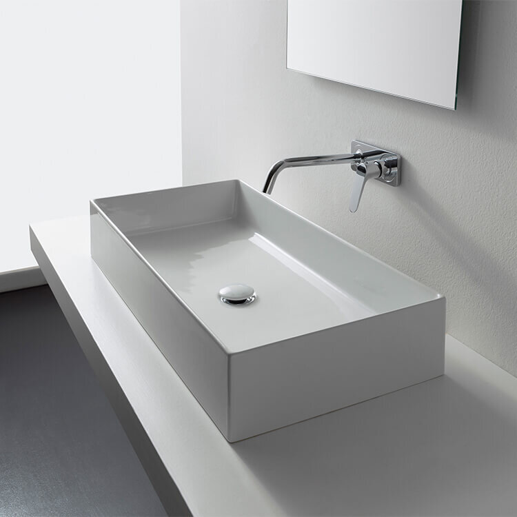 Wall Mounted Sink in Ceramic, Modern, Rectangular, 32, with Counter Space, Teorema 2 Scarabeo 5115 by Nameeks