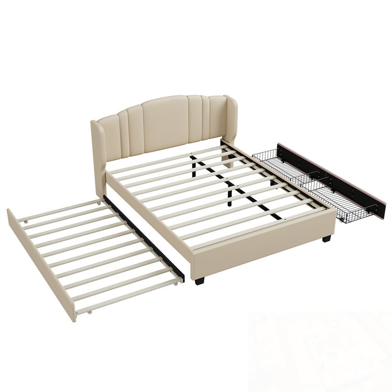 Grand lit plateforme tapissier avec lit gigogne simple et 2 tiroirs, Beige