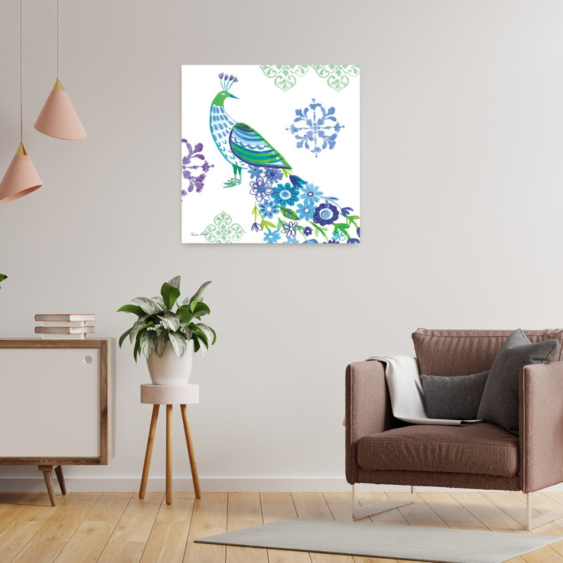 Jewel Peacocks IV, oiseau, fleur tropicale, art, H 24 po x l 24 po