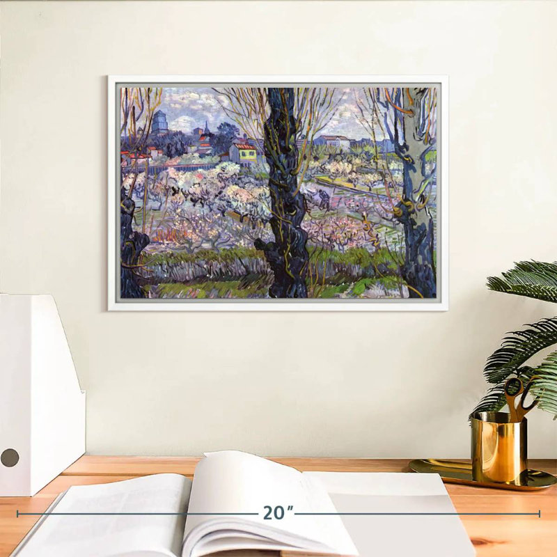 Vue des vergers en fleurs d'Arles, Cadre flottant blanc, 13 po x 9 po