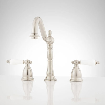 Victorian Gooseneck Bathroom Faucet - Porcelain Lever Handles - Brushed Nickel