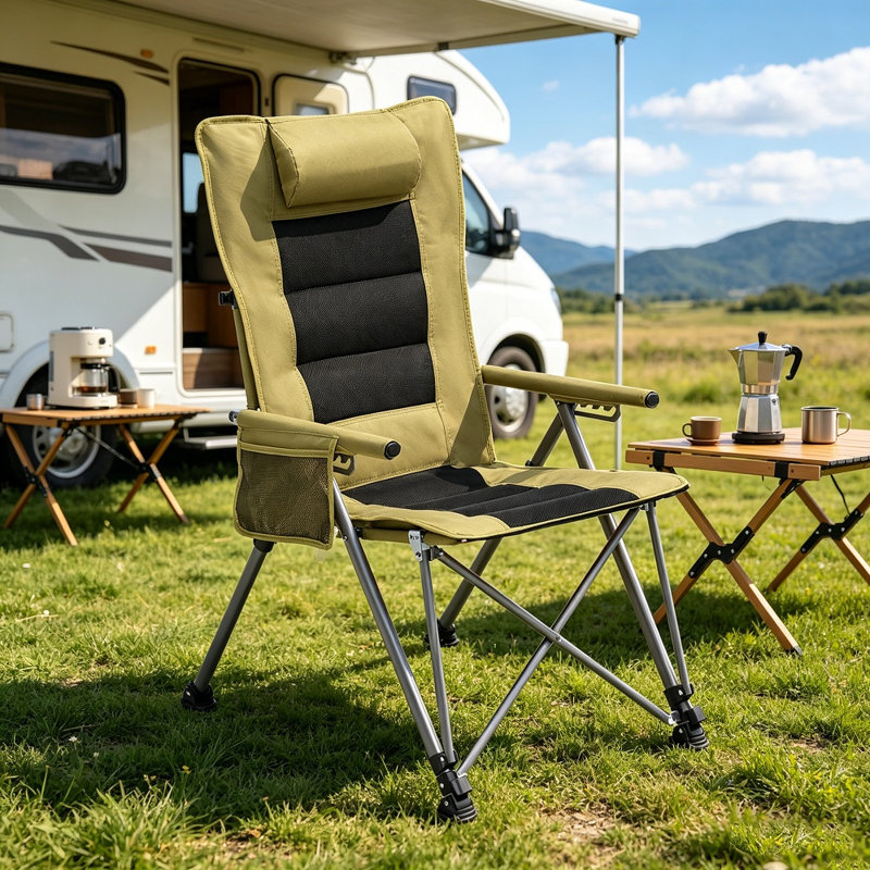 5-position Adjustable Reclining Camping Chair, Portable Outdoor Chair With Side Pocket & Carry Bag, Heavy Duty Design, Green