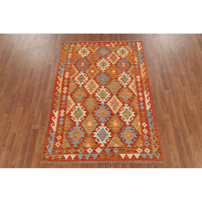 Tapis orange en laine réversible Kilim