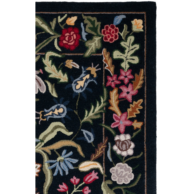 Tapis noir / rose en laine tissé à la main Abigel, Rectangle 8 po x 10 po