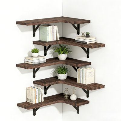 5-tier Storage Rack Wall Mounted L-shaped Floating Shelves, Paulownia Wood & Metal, For Bedroom Living Room Kitchen Bathroom
