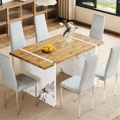 Table 55 po x 31,5 po avec 6 chaises en polyuréthane imperméables grises pour salle à manger d'aspect naturel et sièges à coussin de forme