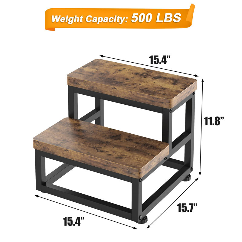 Rustic Brown Wooden and Metal 2-Step Stool