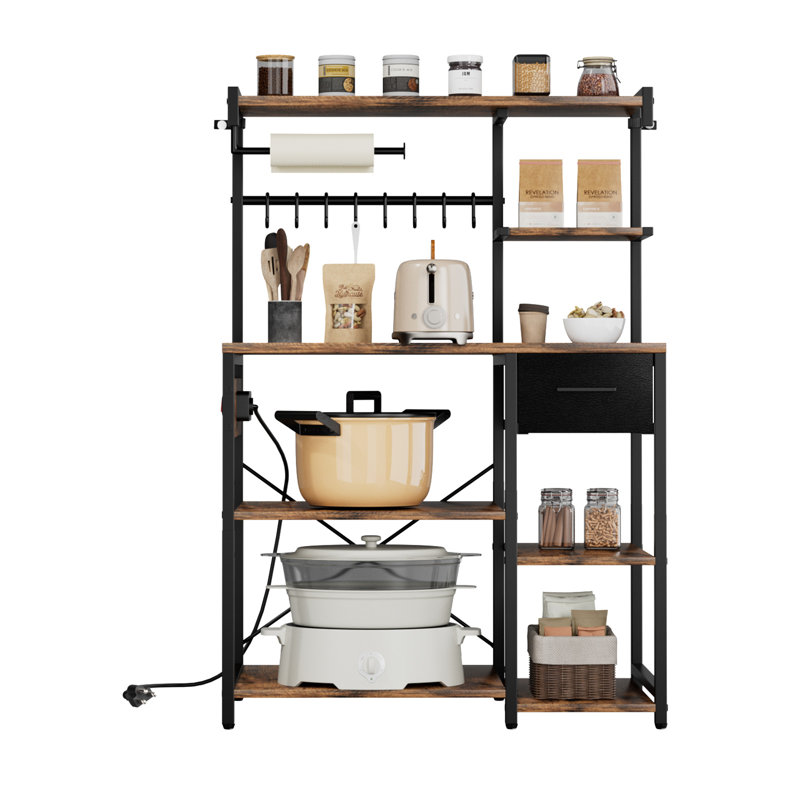 Étagère de boulanger de cuisine, étagère de boulanger avec câble d'alimentation de 4,6 pi avec prise de courant, support de cuisine avec barre de support en forme de X, 8 crochets en forme de S, support de bar à café pour vaisselle, bouteilles à ?