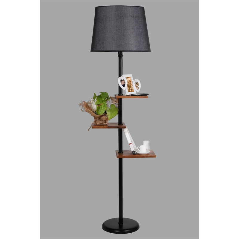Lampe sur pied industrielle avec tablettes en bois, structure en métal noir, hauteur 67,0 po | 3 tablettes (11,8 x 9,1 po, 10,2 x 7,5 po, 9,8 x 6,3 po) | Interrupteur marche / arrêt, douille E27, 40 W maximum | Design scandinave élégant pour la maison et le bureau