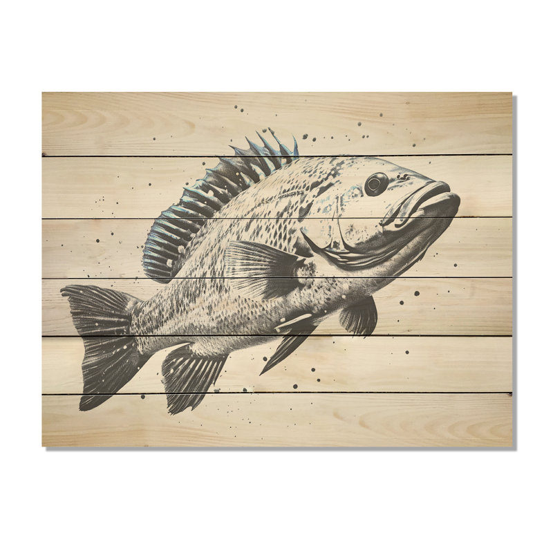 Monochrome Black And White Fish Crawl I - Coastal Coral Under Water Wood Wall Art On Natural Pine Wood, 30" H x 40" W