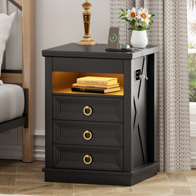3 Drawers Classic American Style LED Nightstand with Hidden Storage