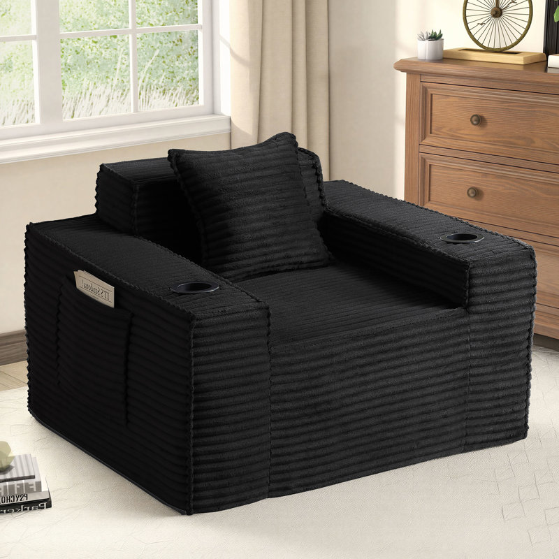 43-inch Compression Accent Chair in a Box – Upholstered Single Sofa with Pillow, Large Bean Bag, Black